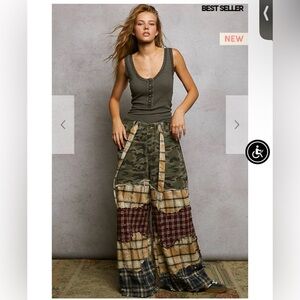 POL Camouflage and Plaid Wide-Leg Pants